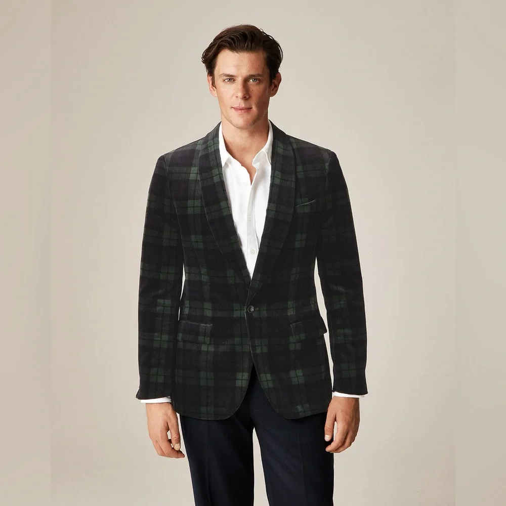 J‎ CREW Shawl-collar dinner jacket in velvet in Blackwatch 44 R NWT $398 J5425